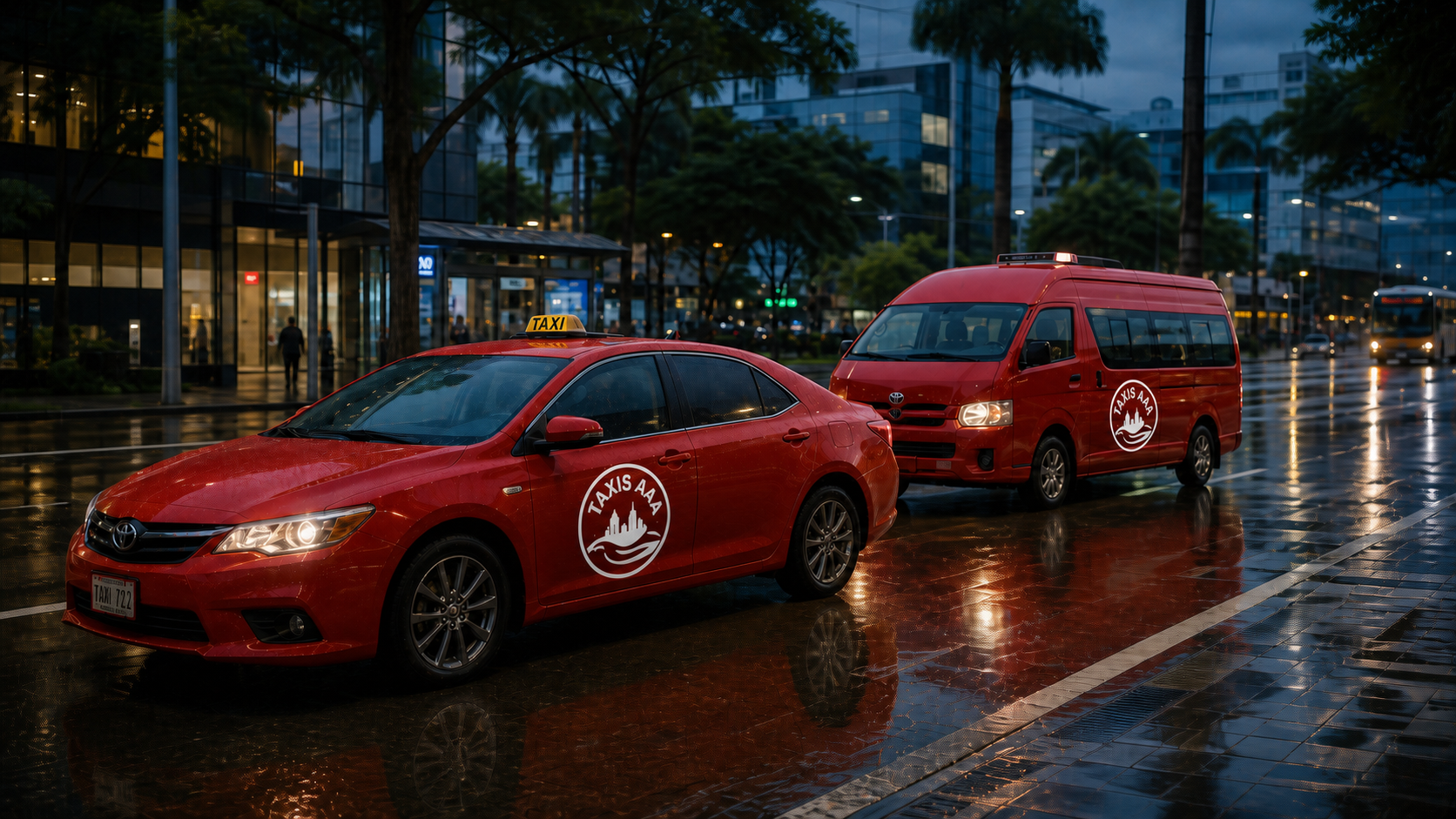 Taxi y microbús de Taxis AAA en San José durante la lluvia