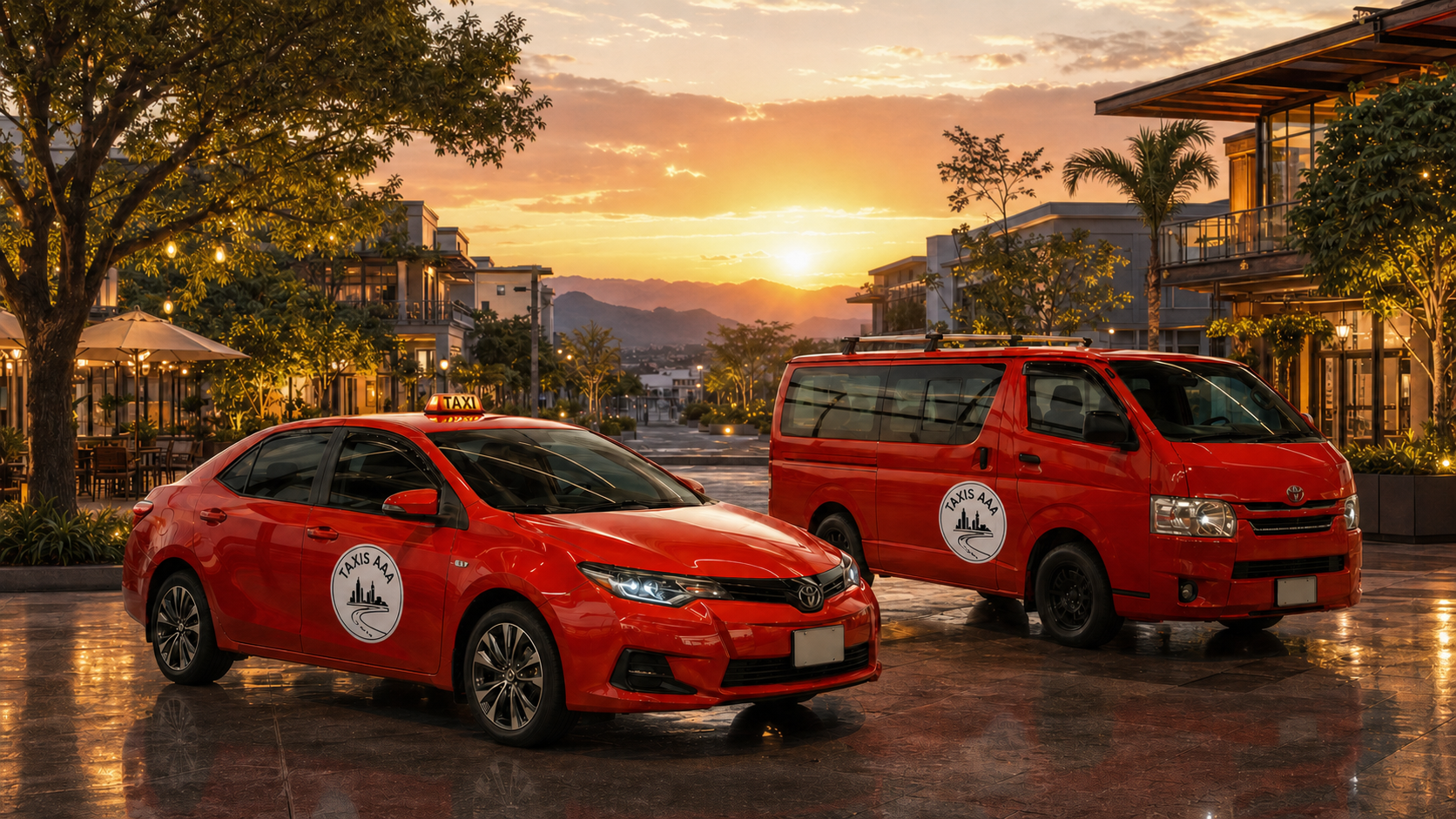 Taxi y van de Taxis AAA en Santa Ana al atardecer